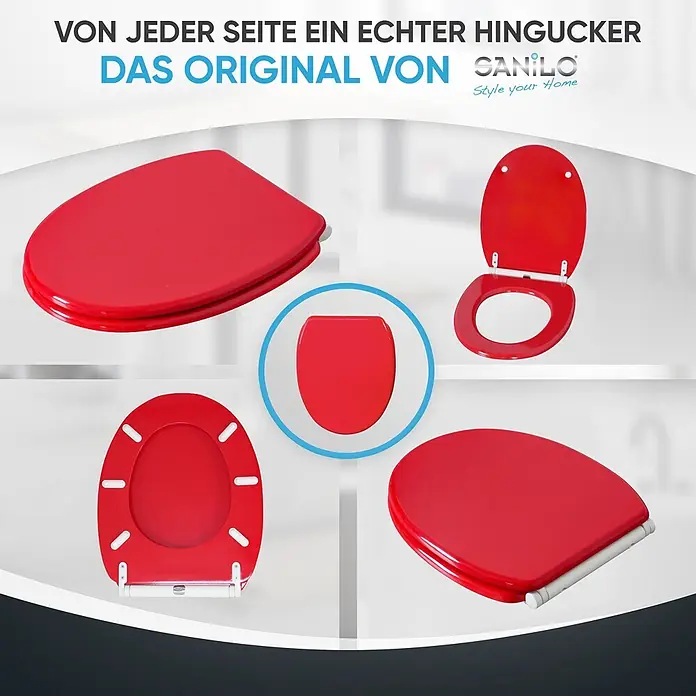 SANILO WC-Sitz Rot mit Schnellverschluss - MDF, Rot, Mit Absenkautomatik - Glänzender roter Toilettensitz, aus verschiedenen Blickwinkeln gezeigt, geöffnet und geschlossen.