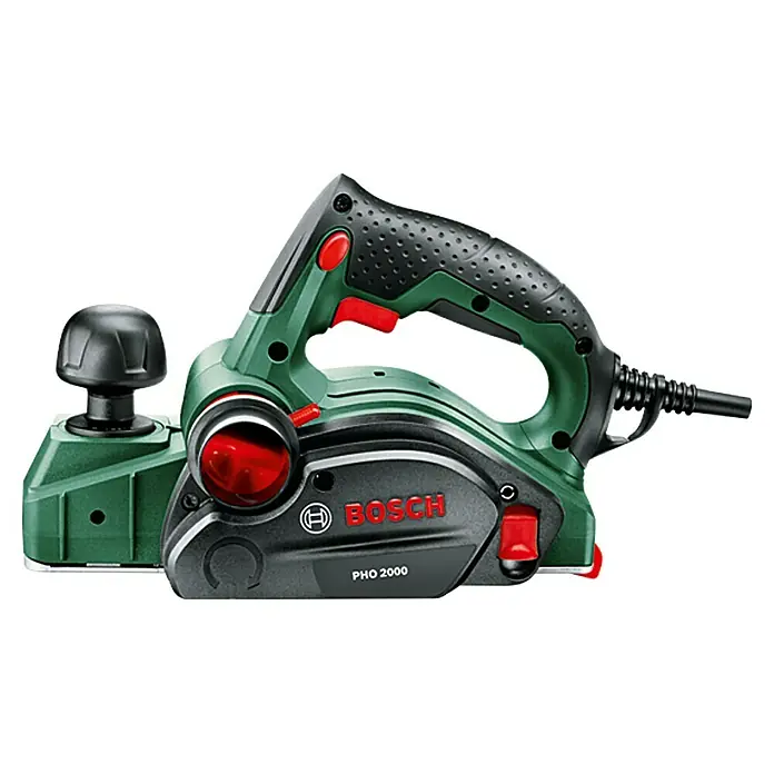 Bosch Elektrohobel PHO 2000 - 680 W, Hobeltiefe: 0 mm - 2 mm - Das Bild zeigt einen Bosch PHO 2000 Elektrohobel, ein Werkzeug zum Glätten von Holzoberflächen mit grüner und schwarzer Farbgebung.