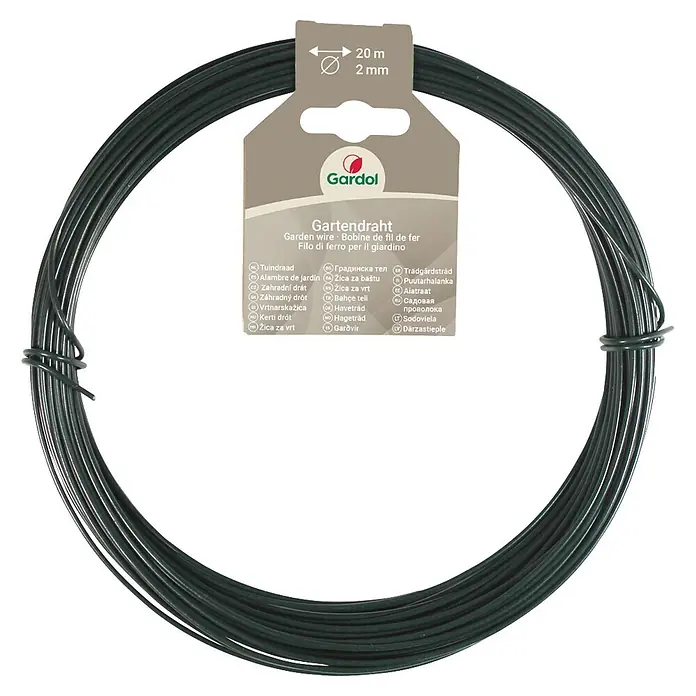 Gardol Gartendraht - Grün, Verzinkt, 20 m, 2 mm - Dunkelgrüner Gardol Gartendraht, 20m lang, 2mm dick, aufgerollt.