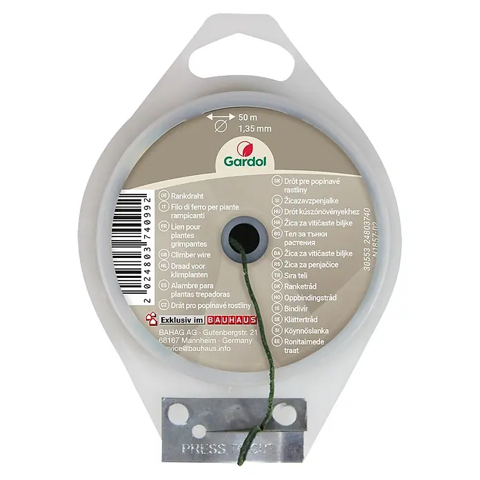 Gardol Rankdraht - Ø x L: 1,35 mm x 50 m - Grüner Gardol Rankdraht, 50m lang und 1,35mm dick, auf einer Spule mit integriertem Schneider, für Kletterpflanzen.
