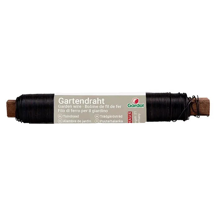 Gardol Gartendraht - Anthrazit, Geglüht, 40 m, 0,65 mm - Schwarzer Gartendraht, eng auf eine Holzspule gewickelt, mit mehrsprachigem Etikett. Ideal für Gartenarbeiten.