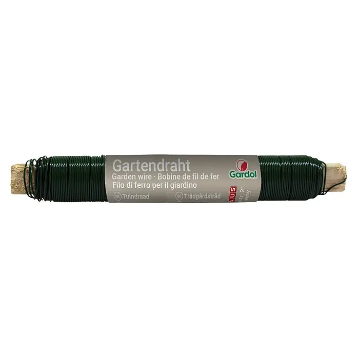 Gardol Gartendraht - Grün, Plastifiziert, 40 m, 0,65 mm - Dunkelgrüner Gartendraht auf einer Holzspule.