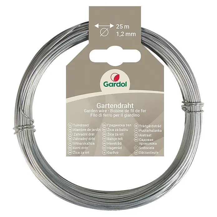 Gardol Gartendraht - 1,2 mm x 25 m, Verzinkt - Gerollter silberner Gartendraht mit Gardol Etikett, 25m lang und 1,2mm dick.