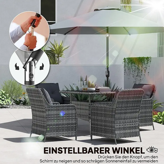 Outsunny Marktschirm rund - Grau, Durchmesser Bespannung: 295 cm - Grauer Sonnenschirm mit Detailansicht des verstellbaren Neigungsmechanismus, bietet flexiblen Schatten für Sitzgelegenheiten im Freien.