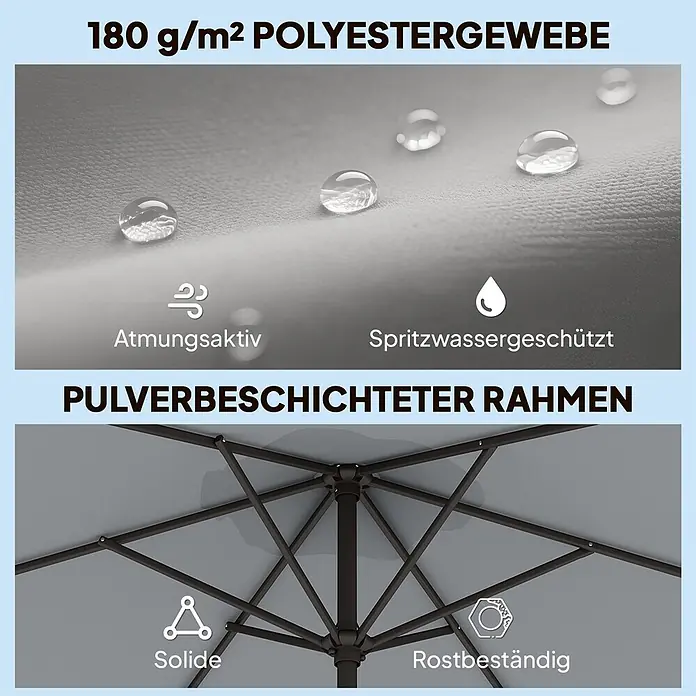Outsunny Marktschirm rund - Grau, Durchmesser Bespannung: 295 cm - Regenschirm mit 180 g/m² Polyestergewebe, atmungsaktiv und spritzwassergeschützt, mit Wassertropfen. Stabiler, pulverbeschichteter, rostbeständiger Rahmen.