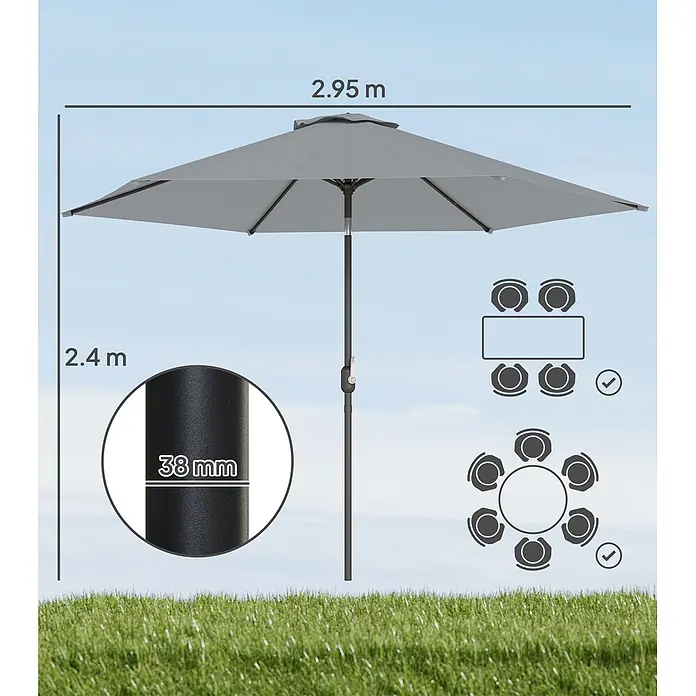Outsunny Marktschirm rund - Grau, Durchmesser Bespannung: 295 cm - Grauer Gartenschirm, 2,95m breit, 2,4m hoch, 38mm Stockdurchmesser, geeignet für rechteckige (4 Pers.) oder runde (6 Pers.) Esstische.