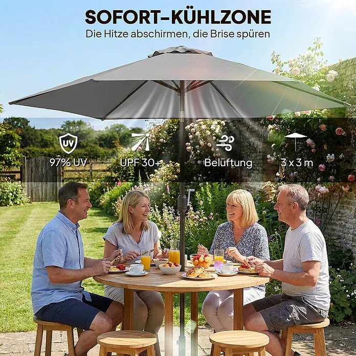 Outsunny Marktschirm rund - Grau, Durchmesser Bespannung: 295 cm - Grauer Sonnenschirm spendet Schatten für eine Familie beim Essen im Garten. Bietet 97 % UV-Schutz, UPF 30+, Belüftung und ist 3x3m groß für sofortige Kühlung.