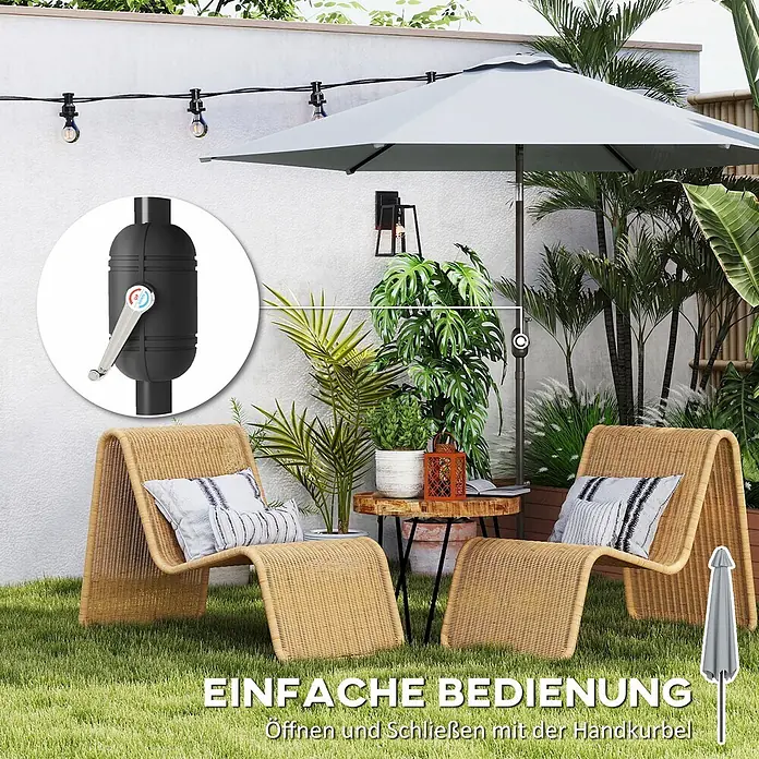 Outsunny Marktschirm rund - Grau, Durchmesser Bespannung: 295 cm - Hellgrauer Ampelschirm mit Kurbelmechanismus zum einfachen Öffnen und Schließen, spendet Schatten im Garten.