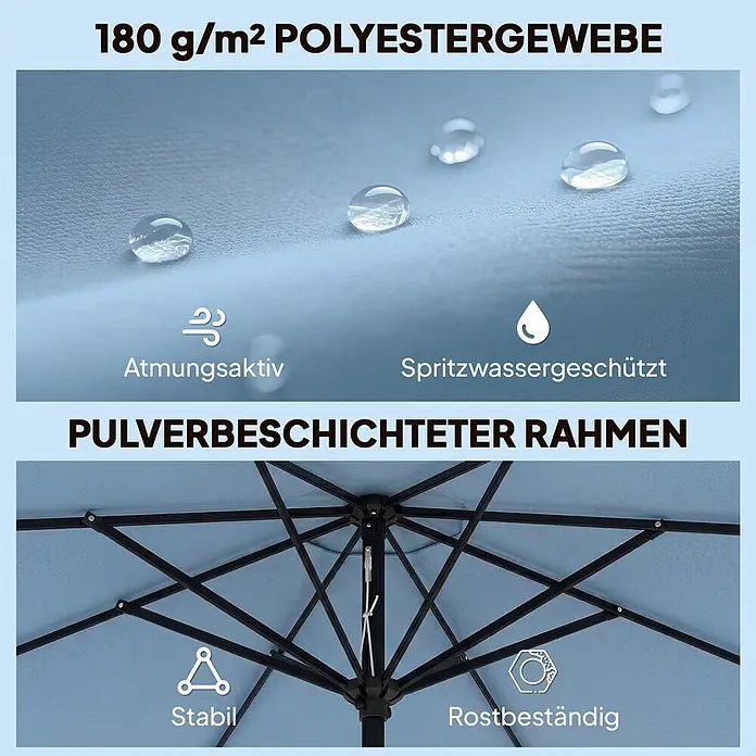 Outsunny Marktschirm rund - Himmelblau, Durchmesser Bespannung: 265 cm - Hellblauer 180 g/m² Polyesterstoff, atmungsaktiv und spritzwassergeschützt, mit stabilem, rostbeständigem pulverbeschichtetem Rahmen.