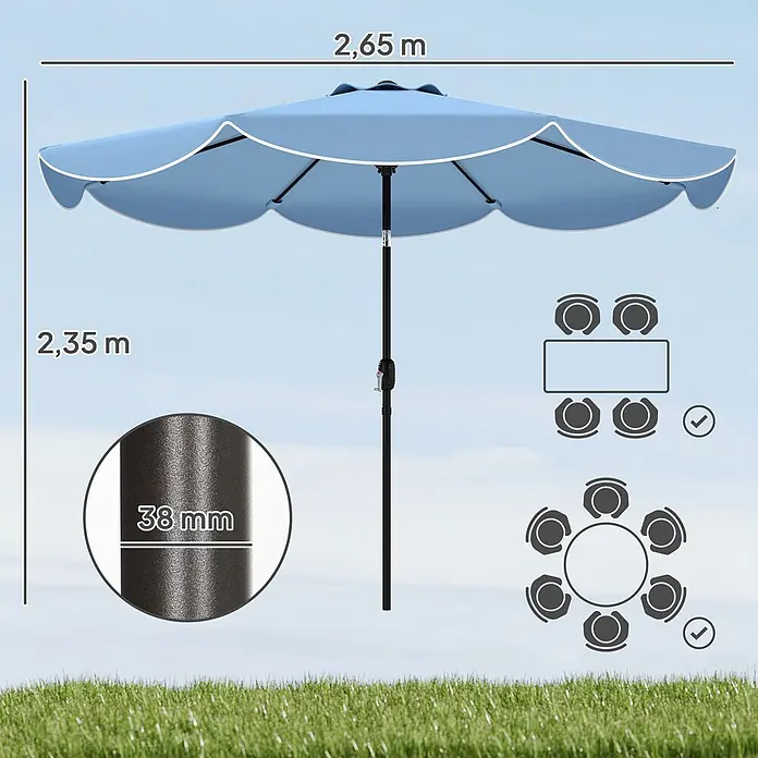 Outsunny Marktschirm rund - Himmelblau, Durchmesser Bespannung: 265 cm - Hellblauer Gartenschirm mit 2,65m Durchmesser, 2,35m Höhe, 38mm Stange und gewelltem Rand, passend für rechteckige und runde Tische.
