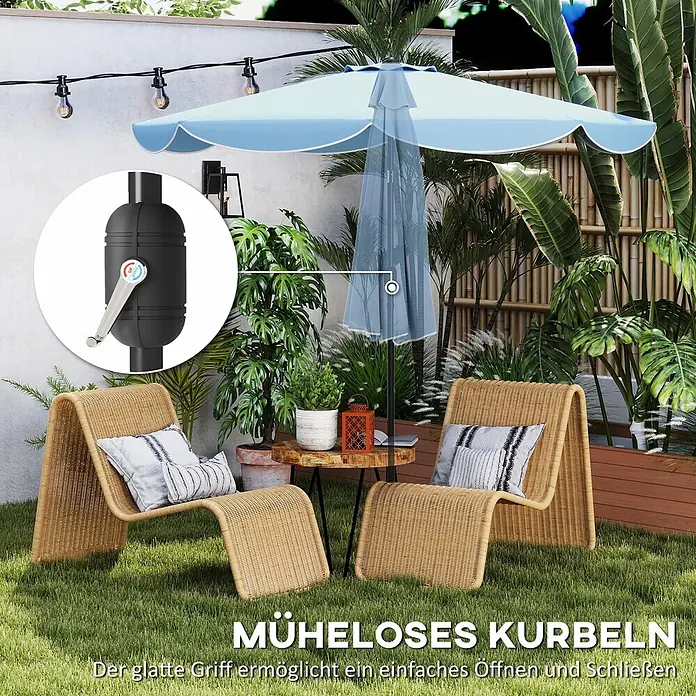 Outsunny Marktschirm rund - Himmelblau, Durchmesser Bespannung: 265 cm - Blauer Terrassenschirm mit leichtgängigem Kurbelgriff zum mühelosen Öffnen und Schließen.