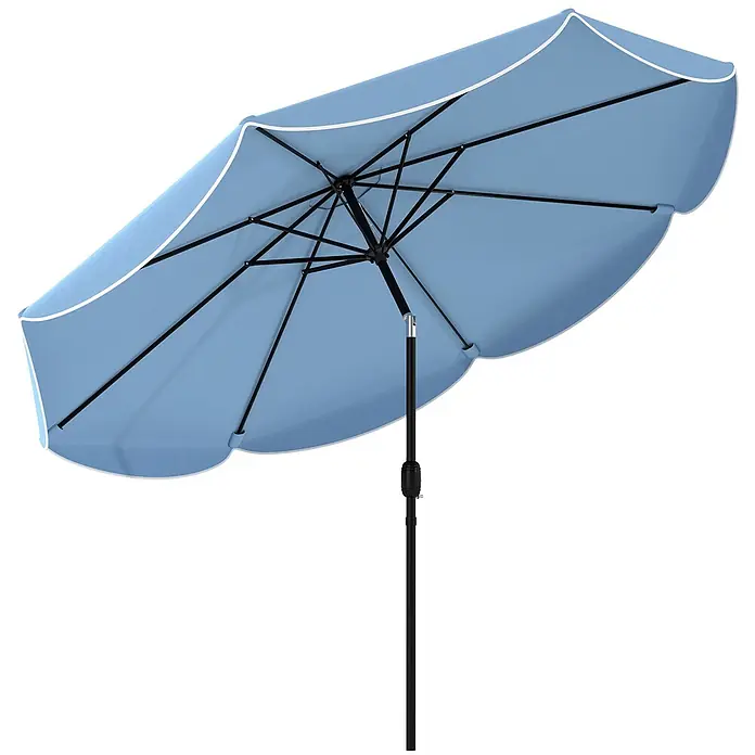 Outsunny Marktschirm rund - Himmelblau, Durchmesser Bespannung: 265 cm - Geöffneter hellblauer Schirm mit schwarzem Stock, Gestell und weiß eingefasstem Wellenrand.