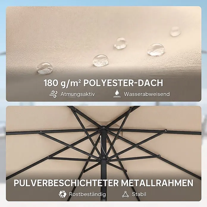 Outsunny Marktschirm rund - Cremeweiß, Durchmesser Bespannung: 295 cm - Nahaufnahme eines beigen, wasserabweisenden 180 g/m² Polyesterdachs und eines schwarzen pulverbeschichteten Metallrahmens.