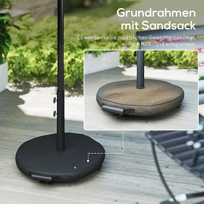 Outsunny Marktschirm rund - Cremeweiß, Durchmesser Bespannung: 295 cm - Schwarzer, runder Sonnenschirmständerfuß auf Holzterrasse, mit Sandsack zum Befüllen für Stabilität.
