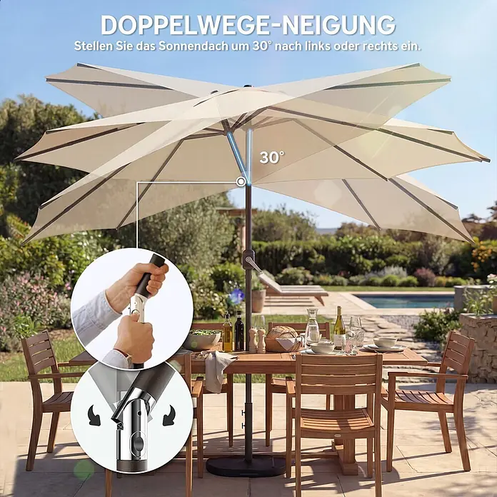 Outsunny Marktschirm rund - Cremeweiß, Durchmesser Bespannung: 295 cm - Beiger Sonnenschirm mit 30° Neigung nach links oder rechts über einem Esstisch im Freien.