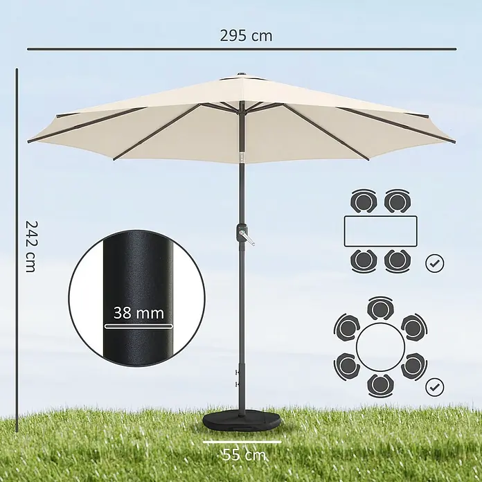 Outsunny Marktschirm rund - Cremeweiß, Durchmesser Bespannung: 295 cm - Cremefarbener Gartenschirm mit dunklem Gestell und Standfuß, 295 cm Durchmesser, 242 cm Höhe, für Sitzgruppen geeignet.