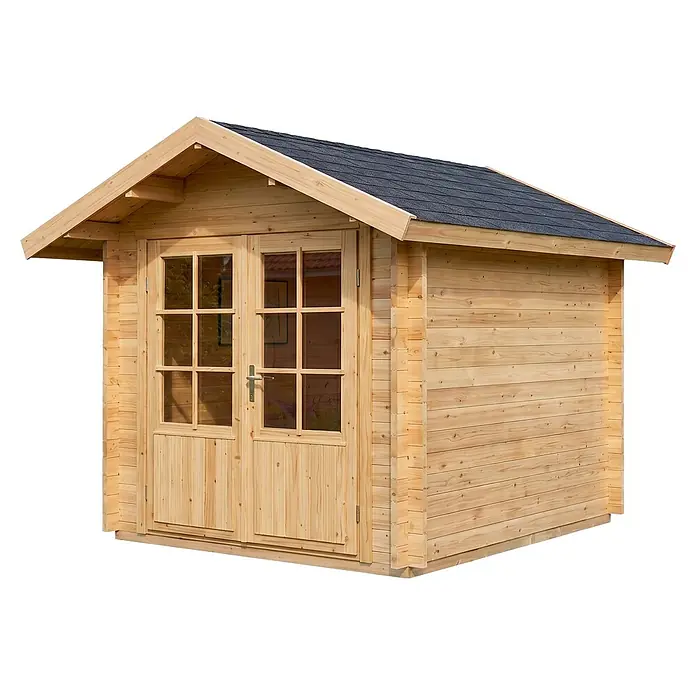 Alpholz Gerätehaus Palma - Außenbreite inkl. Dachüberstand: 260 cm, Außentiefe inkl. Dachüberstand: 261 cm, Holz, Naturbelassen - Gartenschuppen aus Naturholz mit doppelten Glastüren und dunklem Schindeldach.