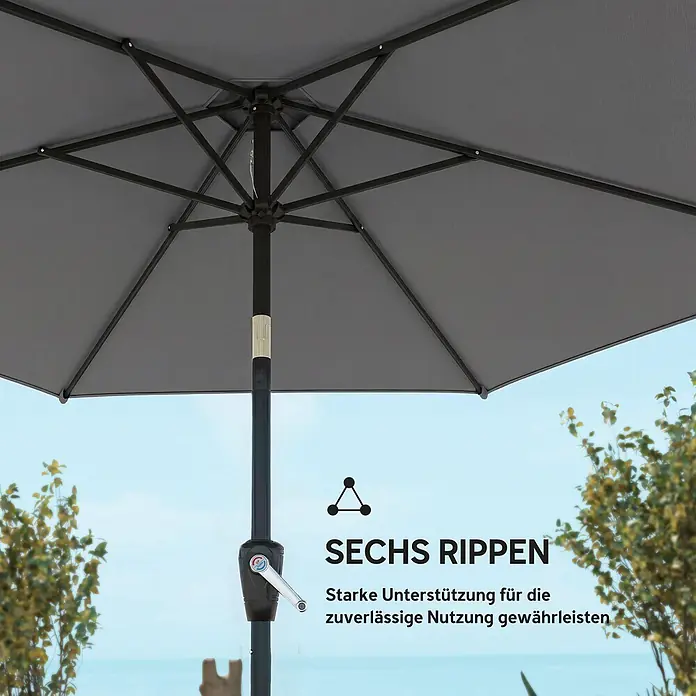 Outsunny Marktschirm rund - Dunkelgrau, Durchmesser Bespannung: 270 cm - Grauer Sonnenschirm von unten, zeigt seine robuste Sechs-Rippen-Struktur und Kurbelmechanismus.