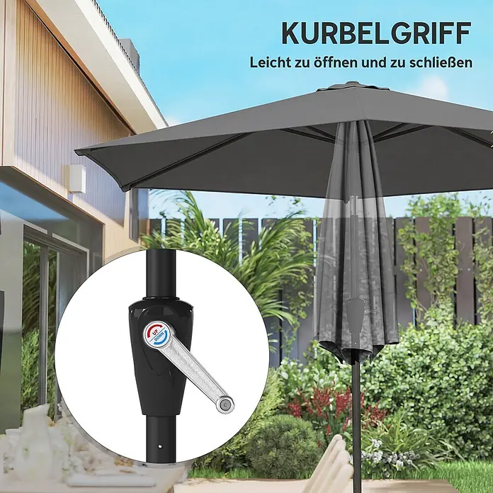 Outsunny Marktschirm rund - Dunkelgrau, Durchmesser Bespannung: 270 cm - Dunkelgrauer Sonnenschirm mit Kurbelgriff zum einfachen Öffnen und Schließen im Garten.