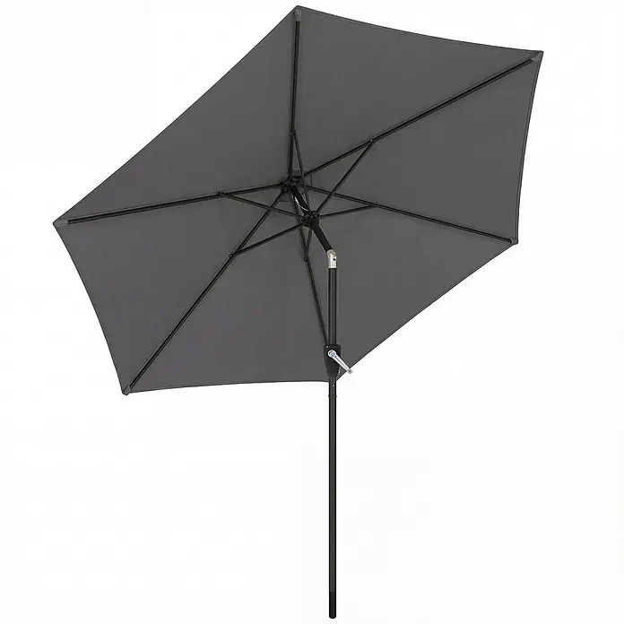 Outsunny Marktschirm rund - Dunkelgrau, Durchmesser Bespannung: 270 cm - Dunkelgrauer rechteckiger Outdoor-Sonnenschirm, geöffnet, mit schwarzem Mast und Gestell sowie Kurbelgriff zur einfachen Einstellung.