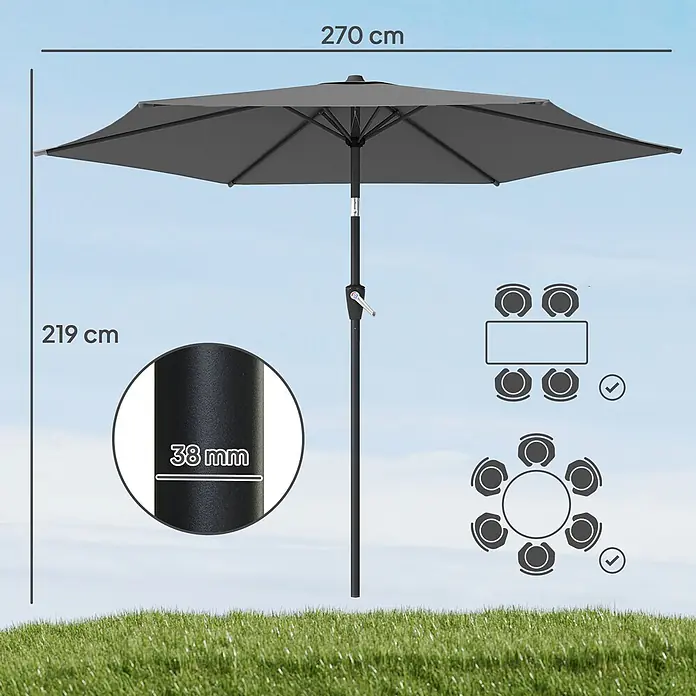 Outsunny Marktschirm rund - Dunkelgrau, Durchmesser Bespannung: 270 cm - Grauer Gartenschirm, 270 cm Durchmesser, 219 cm Höhe, 38 mm Stange. Geeignet für 4-6 Personen.