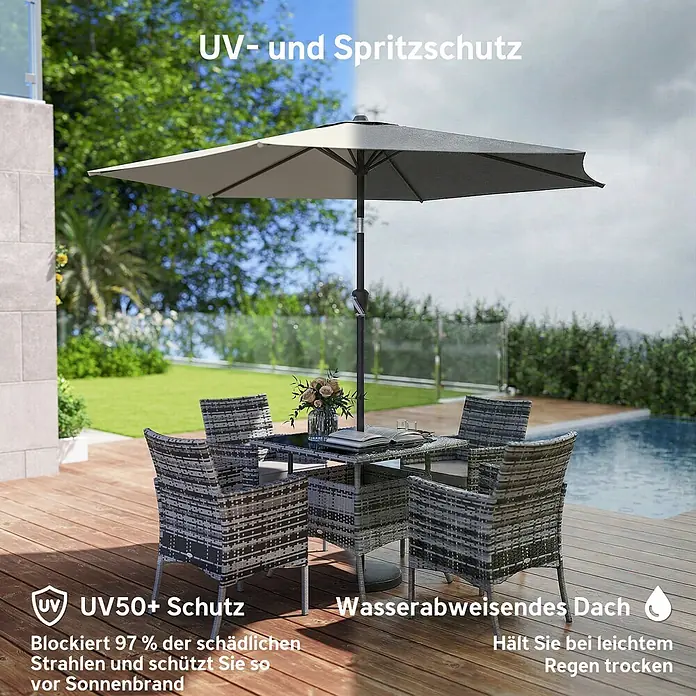 Outsunny Marktschirm rund - Dunkelgrau, Durchmesser Bespannung: 270 cm - Grauer Gartenschirm über Rattansitzgruppe am Pool, halbiert für UV- und Spritzschutz-Demonstration.