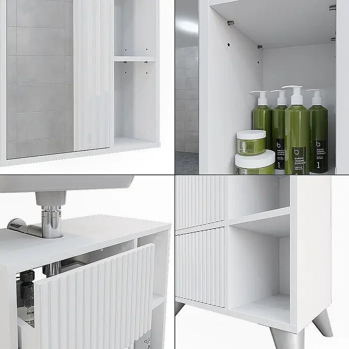 Vicco Badmöbel-Set Leano Weiß 2 Teile - Weiß, Matt - Weißer Badezimmerschrank mit Spiegeltür, offenen Regalen und gerippter Verkleidung. Inklusive Unterschrank.