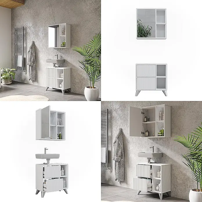 Vicco Badmöbel-Set Leano Weiß 2 Teile - Weiß, Matt - Weißer Badunterschrank mit gerippten Fronten, integriertem Waschbecken und passendem Spiegelschrank, offen und geschlossen in einem modernen Bad gezeigt.