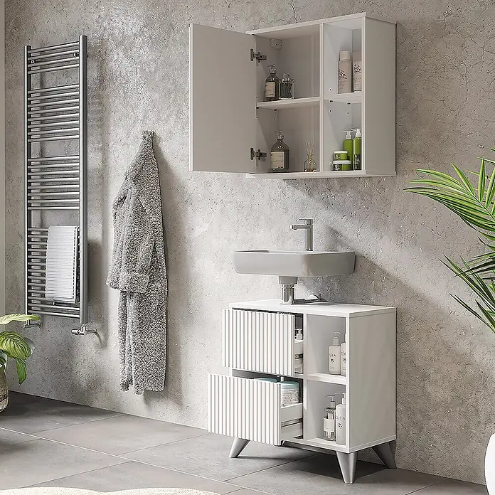 Vicco Badmöbel-Set Leano Weiß 2 Teile - Weiß, Matt - Modernes weißes Badmöbel-Set mit grauem Waschbecken und Wandschrank bietet Stauraum.