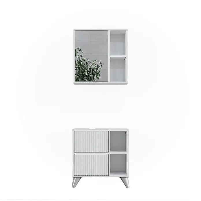 Vicco Badmöbel-Set Leano Weiß 2 Teile - Weiß, Matt - Weißes Badmöbel-Set mit Spiegelschrank und einem Unterschrank mit geriffelten Türen und offenen Fächern.