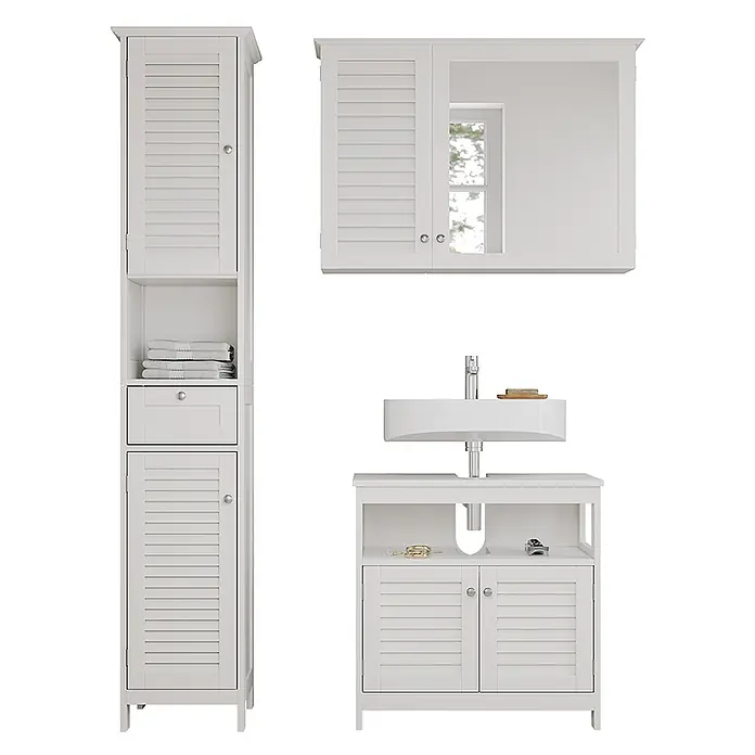 Vicco Badmöbel-Set Riad Weiß 3 Teile, Option 2 - Gesamtbreite Badmöbel: 92 cm, Weiß, Matt - Weißes Badmöbelset aus Holz mit Hochschrank, Spiegelschrank und Waschtisch. Lamellentüren.
