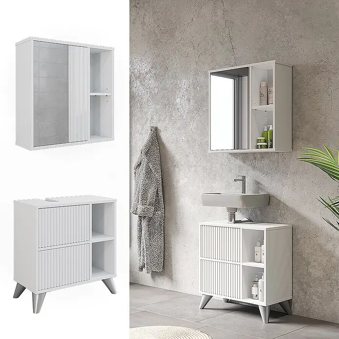 Vicco Badmöbel-Set Leano Weiß 2 Teile - Weiß, Matt - Weißes Badezimmer-Waschtischset mit strukturierten Paneelen, bestehend aus einem Spiegelschrank und einem Unterschrank mit konischen Beinen.