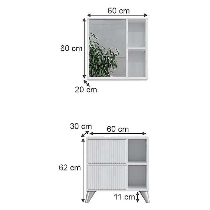 Vicco Badmöbel-Set Leano Weiß 2 Teile - Weiß, Matt - Weißer Wandschrank (60x60x20 cm) mit Spiegel & Regalen, sowie passender Bodenschrank (60x62x30 cm) mit geriffelten Türen, Regalen & 11 cm Beinen.