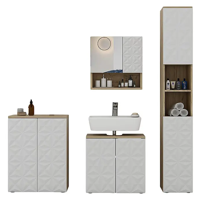 Vicco Badmöbel-Set Edge Weiß 4 Teile - Gesamtbreite Badmöbel: 150 cm, Weiß, Matt - Modernes Badezimmermöbel-Set mit weißen facettierten Fronten und hellen Holzdetails, bestehend aus Hochschrank, Waschtisch und Spiegelschrank.