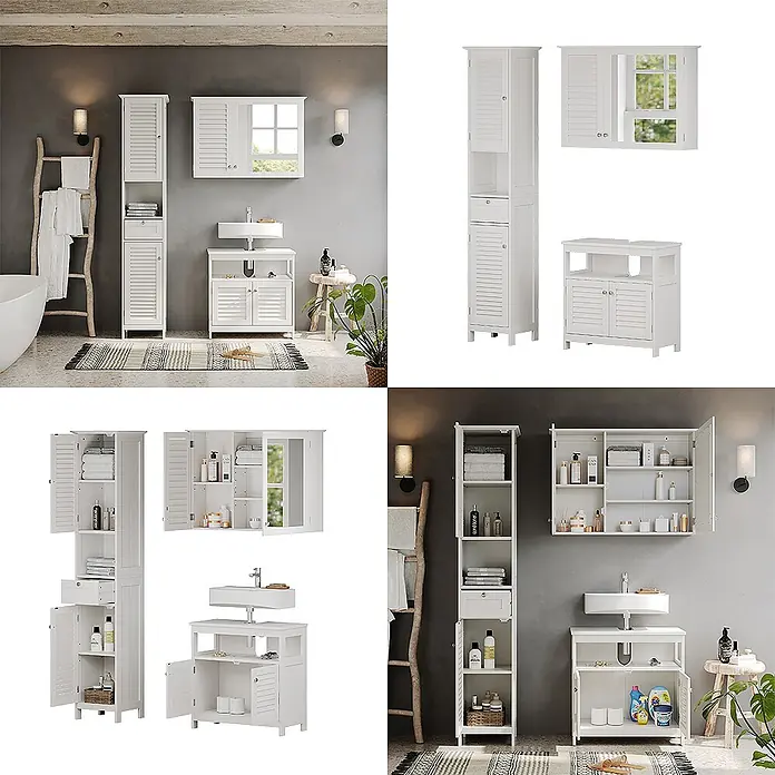 Vicco Badmöbel-Set Riad Weiß 3 Teile, Option 2 - Gesamtbreite Badmöbel: 92 cm, Weiß, Matt - Weißes Badmöbel-Set mit Lamellentüren, bestehend aus Hochschrank, Spiegelschrank und Waschbeckenunterschrank.