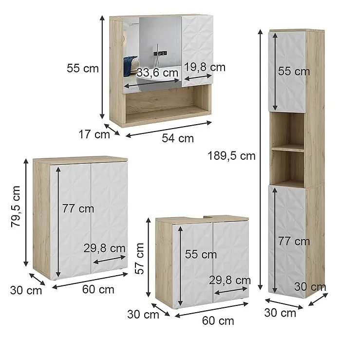 Vicco Badmöbel-Set Edge Weiß 4 Teile - Gesamtbreite Badmöbel: 150 cm, Weiß, Matt - Eine Badmöbelgarnitur in heller Holzoptik und Weiß mit strukturierter Oberfläche, bestehend aus Spiegelschrank, Hochschrank, Unterschrank und Waschtischunterschrank.