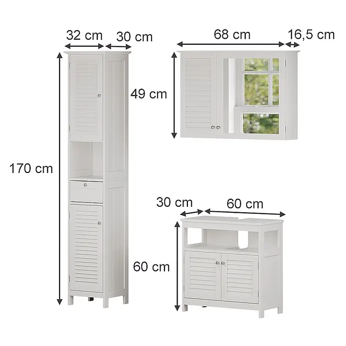 Vicco Badmöbel-Set Riad Weiß 3 Teile, Option 2 - Gesamtbreite Badmöbel: 92 cm, Weiß, Matt - Set aus drei weißen Badschränken mit Lamellentüren: ein Hochschrank (170cm H), ein Spiegelschrank (68cm B) und ein Waschtischunterschrank (60cm B), mit Maßen.