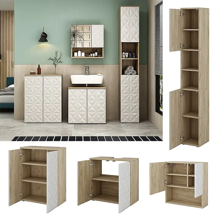 Vicco Badmöbel-Set Edge Weiß 4 Teile - Gesamtbreite Badmöbel: 150 cm, Weiß, Matt - Set aus hellen Badschränken mit weißen geometrischen Fronten, inklusive Waschtischunterschrank, Hochschrank und einem niedrigeren Schrank.