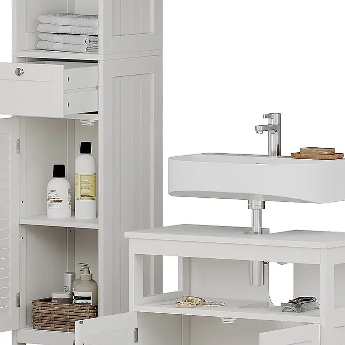 Vicco Badmöbel-Set Riad Weiß 3 Teile, Option 2 - Gesamtbreite Badmöbel: 92 cm, Weiß, Matt - Weißer Badezimmerschrank mit Regalen, Schubladen und Türen, neben einem Waschbecken auf passendem Waschtischunterschrank mit offenem Stauraum.
