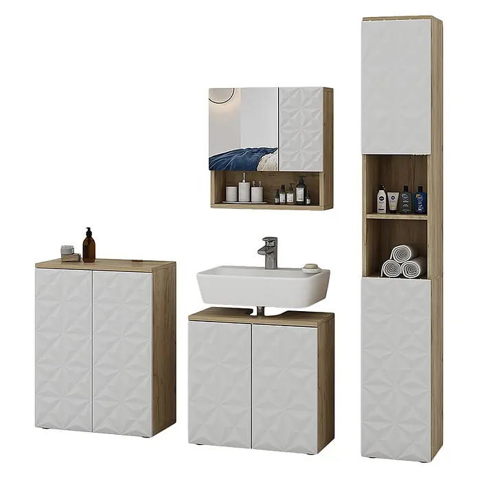 Vicco Badmöbel-Set Edge Weiß 4 Teile - Gesamtbreite Badmöbel: 150 cm, Weiß, Matt - Modernes Badmöbelset mit weißen Facettenfronten und hellen Holzrahmen, inkl. Spiegelschrank, Waschtisch und Hochschrank.