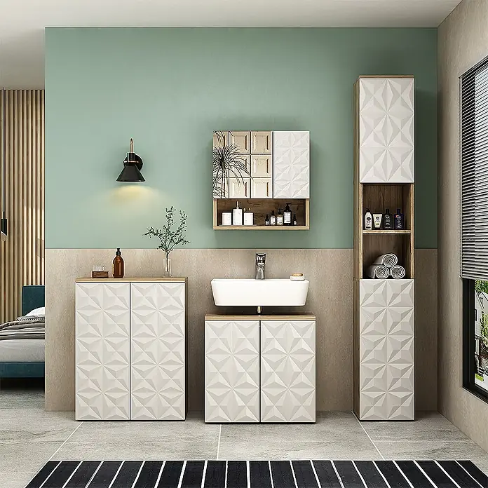 Vicco Badmöbel-Set Edge Weiß 4 Teile - Gesamtbreite Badmöbel: 150 cm, Weiß, Matt - Modernes Badezimmermöbel-Set mit geometrischen weißen Fronten und Holzdetails, inkl. Waschbecken-, Seiten- und Hochschrank.