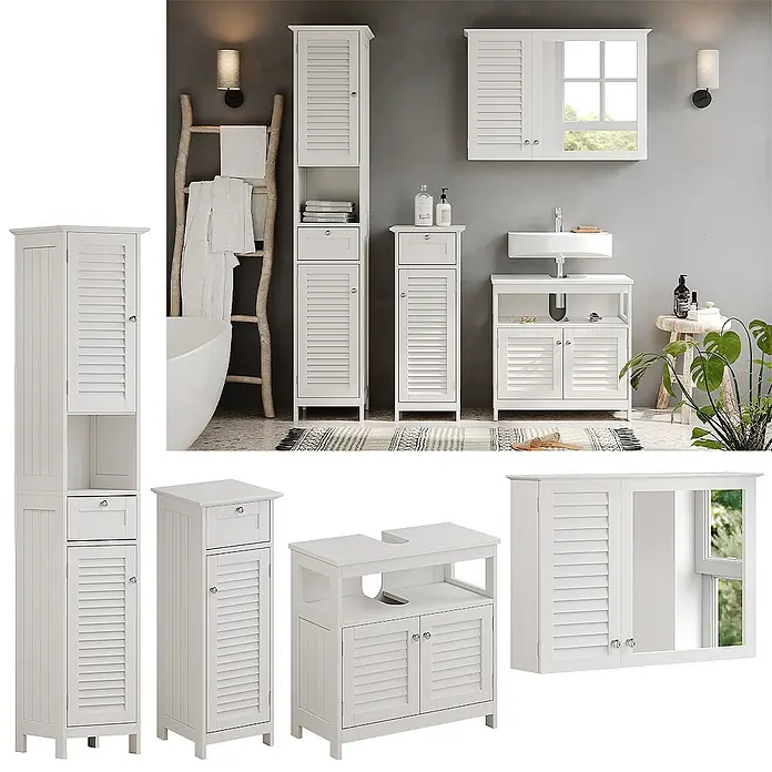 Vicco Badmöbel-Set Riad Weiß 4 Teile, Option 1 - Gesamtbreite Badmöbel: 124 cm, Weiß, Matt - Kollektion weißer Lamellen-Badmöbel, bestehend aus hohem, schmalem, Waschbecken- und Spiegelschrank.