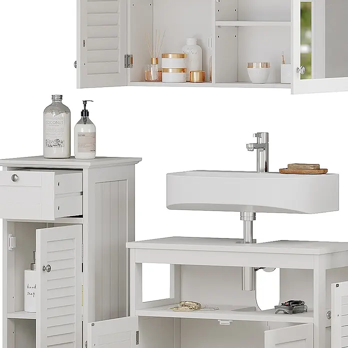 Vicco Badmöbel-Set Riad Weiß 4 Teile, Option 1 - Gesamtbreite Badmöbel: 124 cm, Weiß, Matt - Weißes Badmöbel-Set aus Holz mit Wandschrank, Hochschrank und Waschtischunterschrank für organisierte Aufbewahrung.