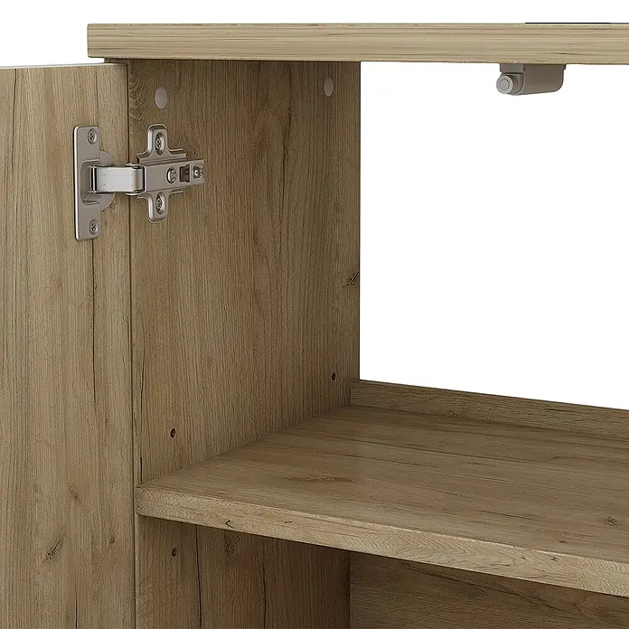 Vicco Badmöbel-Set Edge Weiß 3 Teile, mit Hochschrank - Gesamtbreite Badmöbel: 90 cm, Weiß, Matt - Nahaufnahme eines hellbraunen Holzschrank-Innenraums mit Scharnier, Regal und Push-to-Open-Mechanismus.