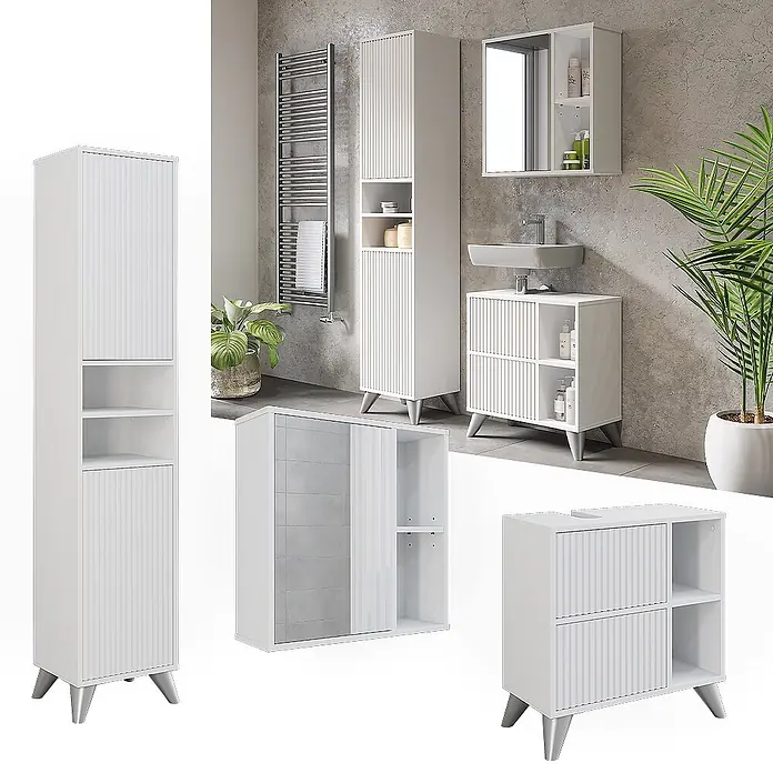 Vicco Badmöbel-Set Leano Weiß 3 Teile - Weiß, Matt - Weißes geripptes Badmöbel-Set auf Beinen, bestehend aus Hochschrank, Waschtisch und Spiegelschrank.