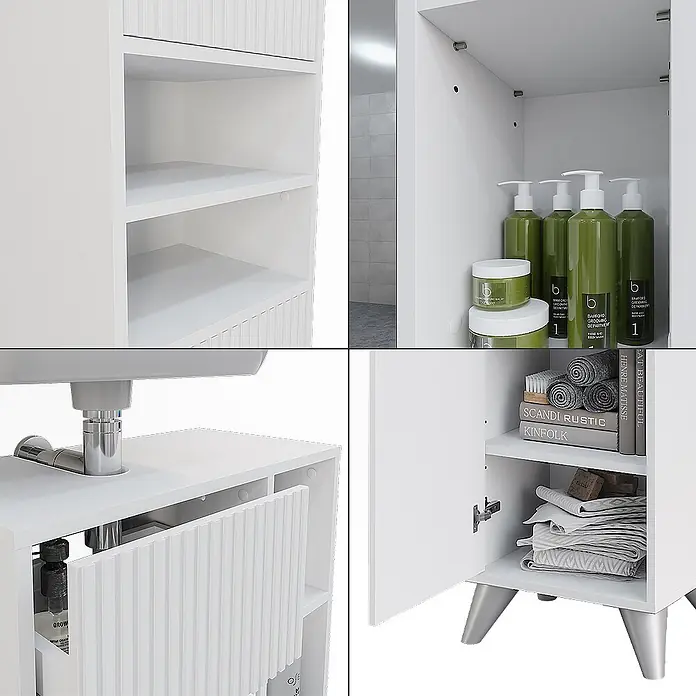 Vicco Badmöbel-Set Leano Weiß 3 Teile - Weiß, Matt - Weißer Badschrank mit offenen Regalen, geriffelten Türfronten und modernen Beinen, zur Aufbewahrung von Toilettenartikeln und Handtüchern.
