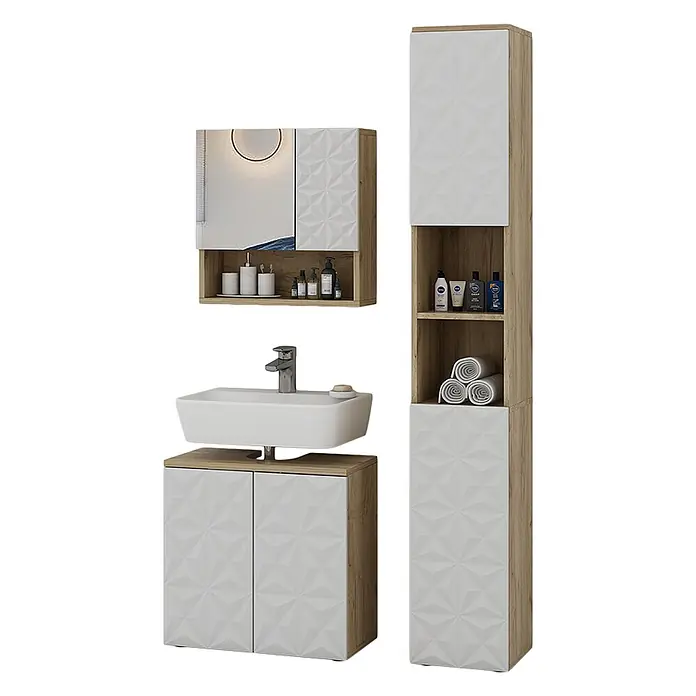 Vicco Badmöbel-Set Edge Weiß 3 Teile, mit Hochschrank - Gesamtbreite Badmöbel: 90 cm, Weiß, Matt - Modernes Badmöbel-Set: helles Holz & Weiß mit geometrischen Texturen. Spiegelschrank, Waschtischunterschrank, Hochschrank.