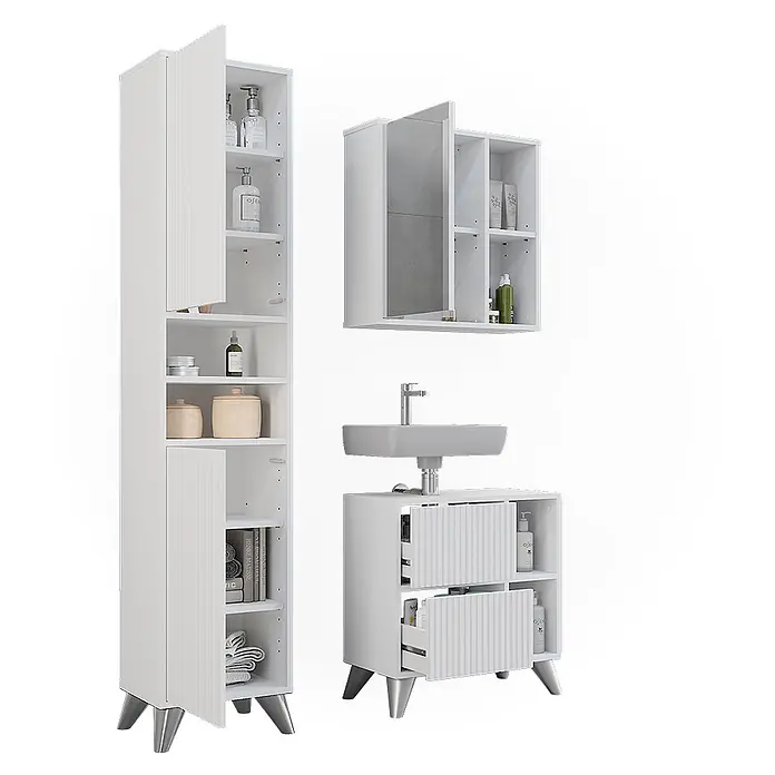Vicco Badmöbel-Set Leano Weiß 3 Teile - Weiß, Matt - Weißes Badezimmermöbel-Set mit gerippten Texturen und Metallfüßen, bestehend aus Hochschrank, Spiegelschrank und Waschtischunterschrank.
