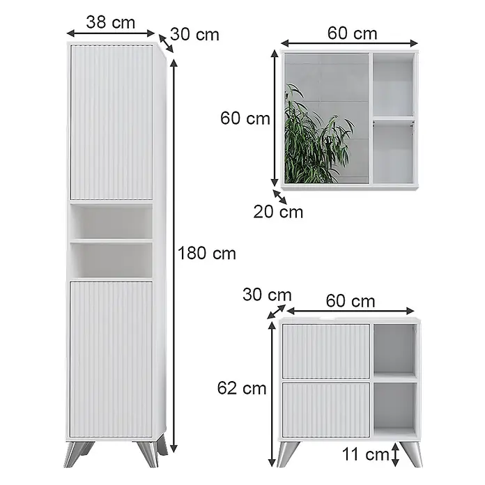 Vicco Badmöbel-Set Leano Weiß 3 Teile - Weiß, Matt - Weißes modernes Möbelset mit Hochschrank, Spiegelschrank und Unterschrank, verziert mit geriffelten Paneelen.