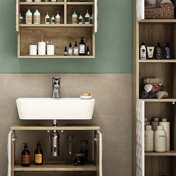 Vicco Badmöbel-Set Edge Weiß 3 Teile, mit Hochschrank - Gesamtbreite Badmöbel: 90 cm, Weiß, Matt - Moderner Badezimmerschrank mit weißem rechteckigem Waschbecken und Holzoptik-Möbeln, inklusive Wandregalen und hohem passendem Schrank.